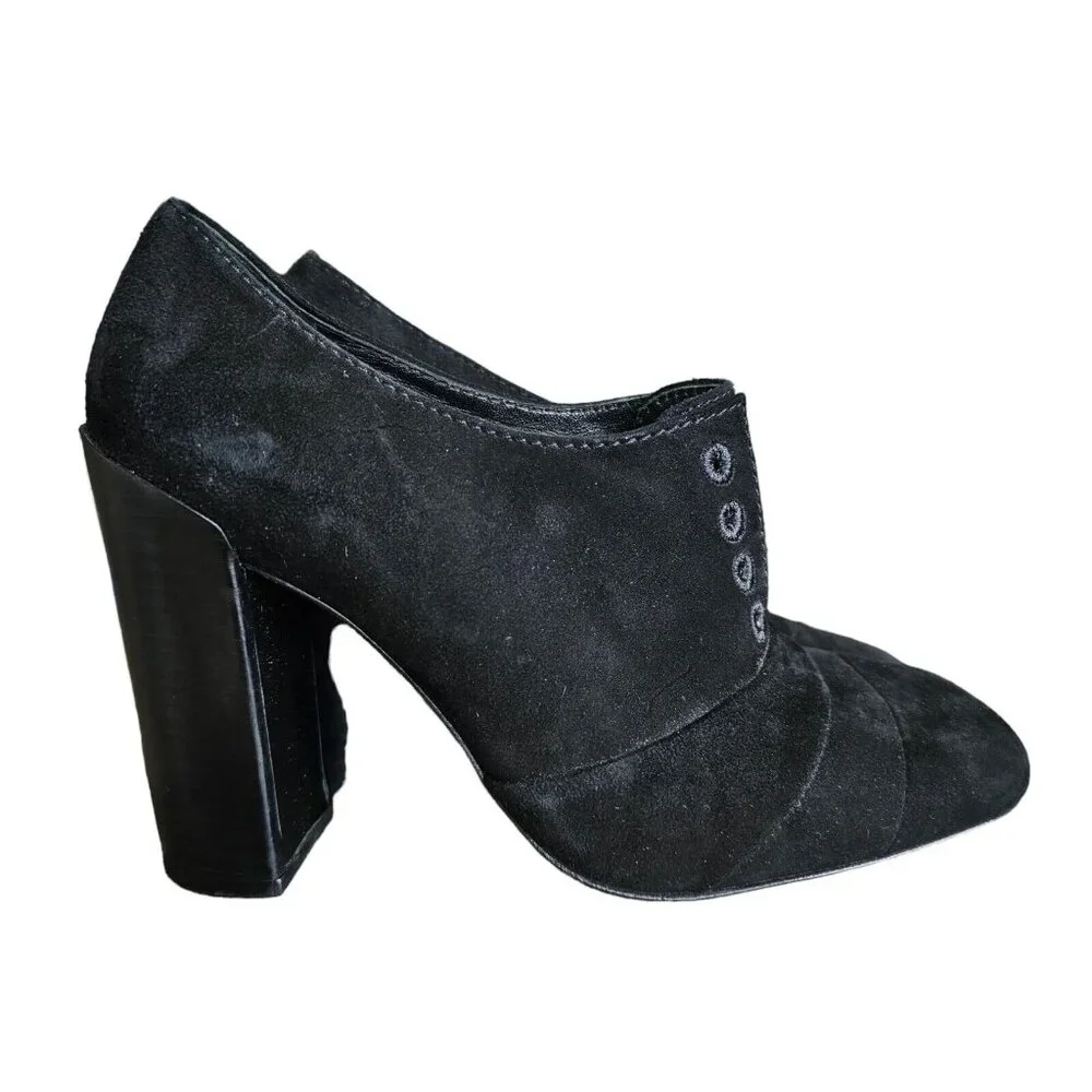 Tory Burch Stella Laceless Size 6.5 Black Suede Oxford‎ Block Heel Shoes Classic